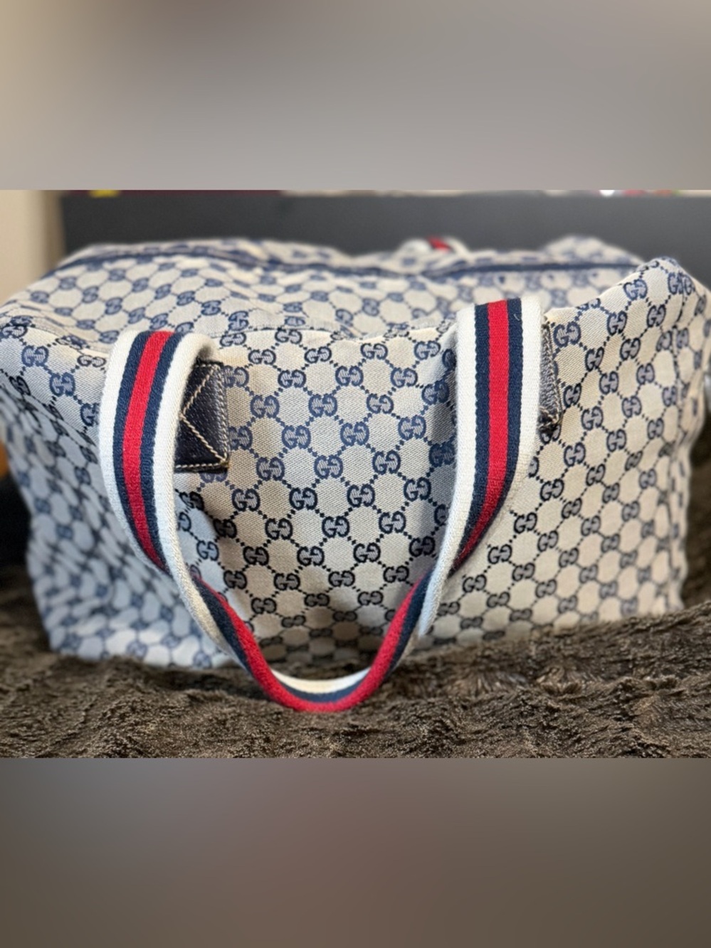 Gucci Blue GG Canvas Travel Tote with Red and Navy Striped Handles